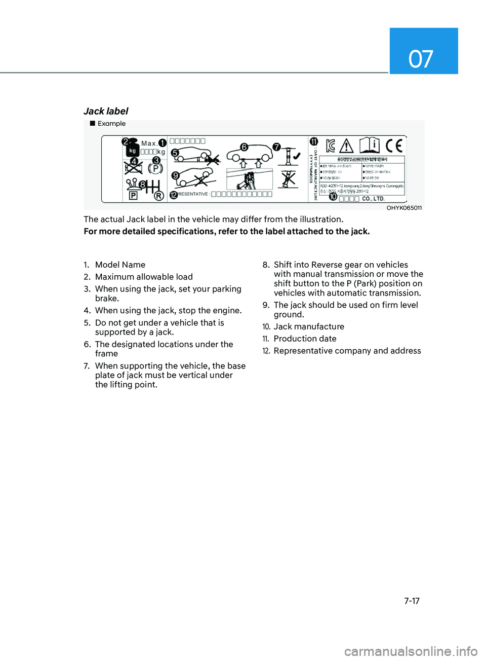 HYUNDAI SONATA 2021  Owners Manual 07
7-17
Jack label
„„Example
OHYK065011
The actual Jack label in the vehicle may differ from the illustration.
For more detailed specifications, refer to the label attached to the jack.
1. 
