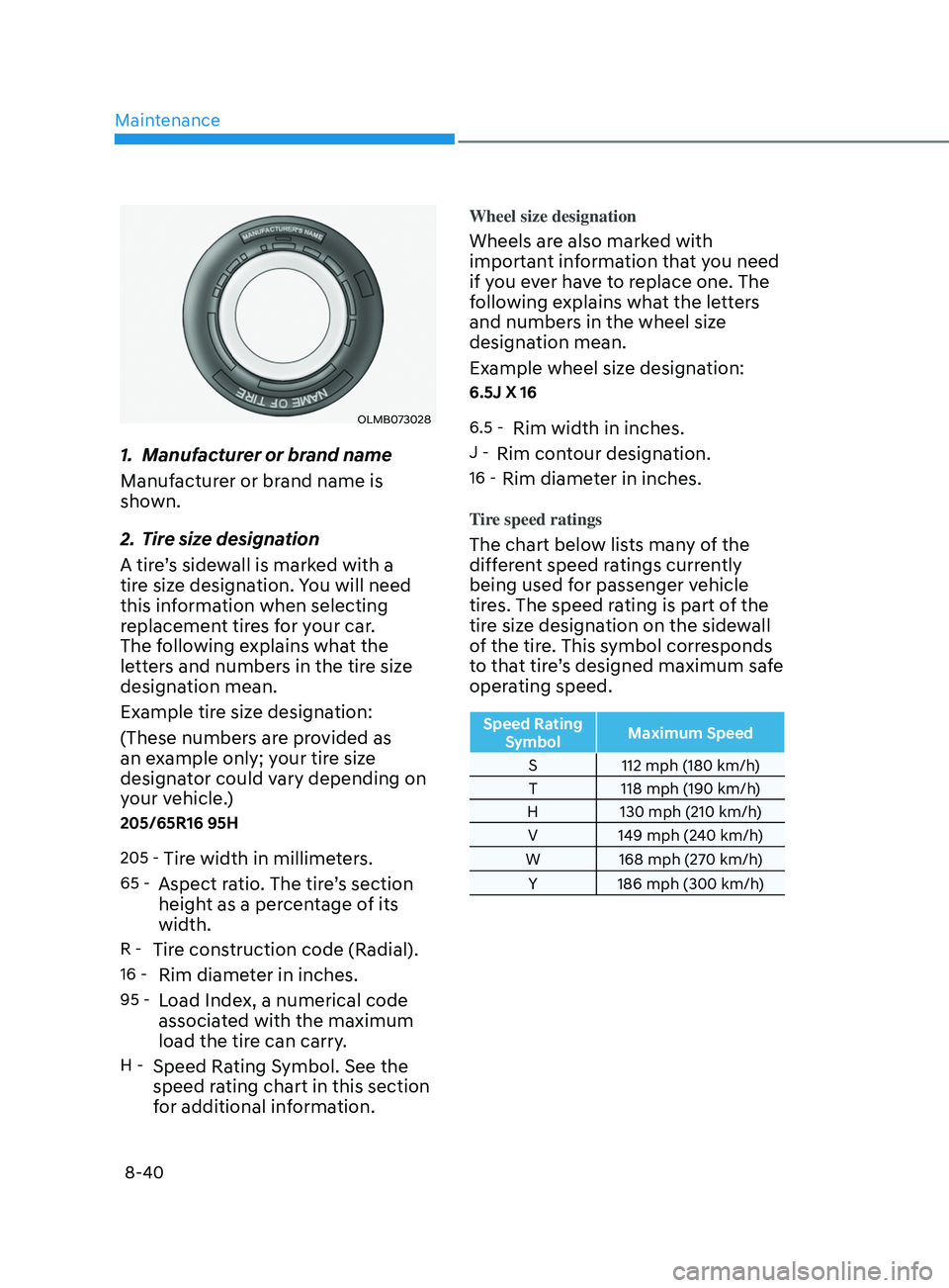 HYUNDAI SONATA 2021 Owners Manual Maintenance
8-40
OLMB073028
1. Manufacturer or brand name
Manufacturer or brand name is
shown.
2.
Tir
e size designation
A tire’s sidewall is marked with a
tire size designation. You will need
HYUNDAI SONATA 2021 Owners Manual Maintenance
8-40
OLMB073028
1. Manufacturer or brand name
Manufacturer or brand name is
shown.
2.
Tir
e size designation
A tire’s sidewall is marked with a
tire size designation. You will need