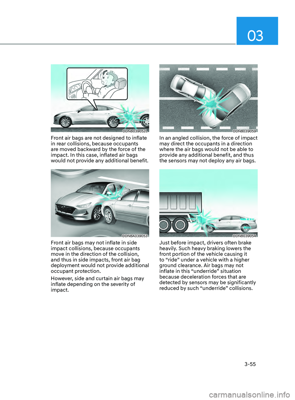 HYUNDAI SONATA 2021  Owners Manual 03
3-55
ODN8039052L
Front air bags are not designed to inflate 
in rear collisions, because occupants 
are moved backward by the force of the 
impact. In this case, inflated air bags 
would not provid