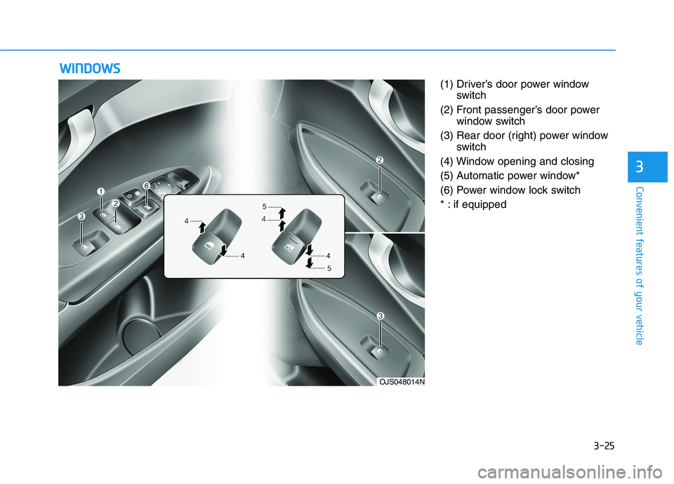 HYUNDAI VELOSTER 2021  Owners Manual 3-25
Convenient features of your vehicle
3
(1) Driver’s door power window
switch
(2) Front passenger’s door power
window switch
(3) Rear door (right) power window
switch
(4) Window opening and clo