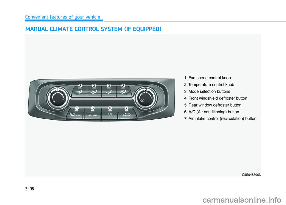 HYUNDAI VELOSTER 2021  Owners Manual 3-96
Convenient features of your vehicle
M MA
AN
NU
UA
AL
L 
 C
CL
LI
IM
MA
AT
TE
E 
 C
CO
ON
NT
TR
RO
OL
L 
 S
SY
YS
ST
TE
EM
M 
 (
(I
IF
F 
 E
EQ
QU
UI
IP
PP
PE
ED
D)
)
OJS048300N
1. Fan speed contr