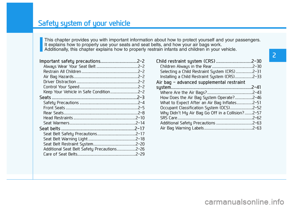 HYUNDAI VELOSTER 2021  Owners Manual Safety system of your vehicle
Important safety precautions...............................2-2
Always Wear Your Seat Belt ..........................................2-2
Restrain All Children ............