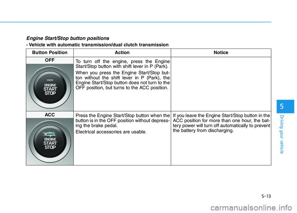 HYUNDAI VELOSTER 2021  Owners Manual 5-13
Driving your vehicle
5
Engine Start/Stop button positions 
- Vehicle with automatic transmission/dual clutch transmission
Button Position Action Notice
OFF
To turn off the engine, press the Engin