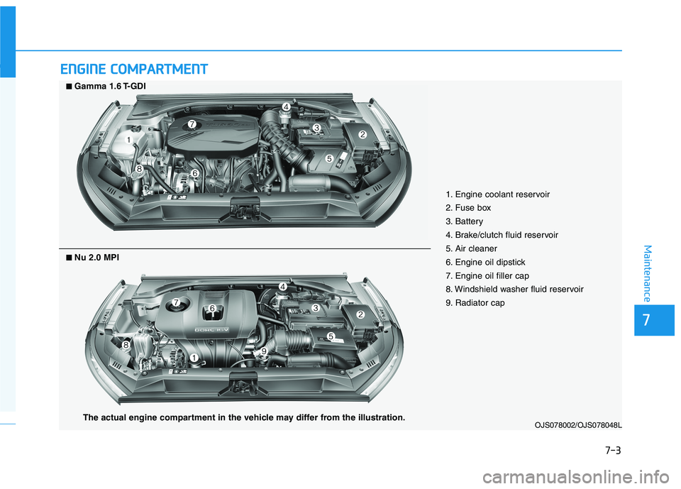 HYUNDAI VELOSTER 2021  Owners Manual 7-3
7
Maintenance
E EN
NG
GI
IN
NE
E 
 C
CO
OM
MP
PA
AR
RT
TM
ME
EN
NT
T 
 
OJS078002/OJS078048L
■
■Gamma 1.6 T-GDI
1. Engine coolant reservoir
2. Fuse box 
3. Battery
4. Brake/clutch fluid reserv