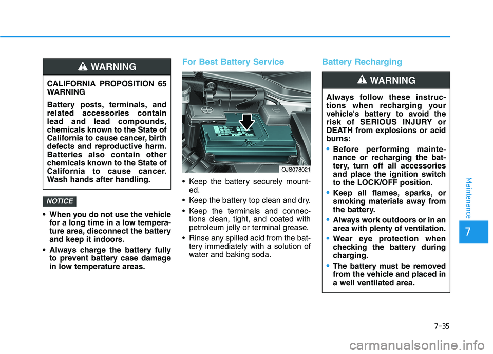 HYUNDAI VELOSTER 2021  Owners Manual 7-35
7
Maintenance
 When you do not use the vehicle
for a long time in a low tempera-
ture area, disconnect the battery
and keep it indoors.
 Always charge the battery fully
to prevent battery case da