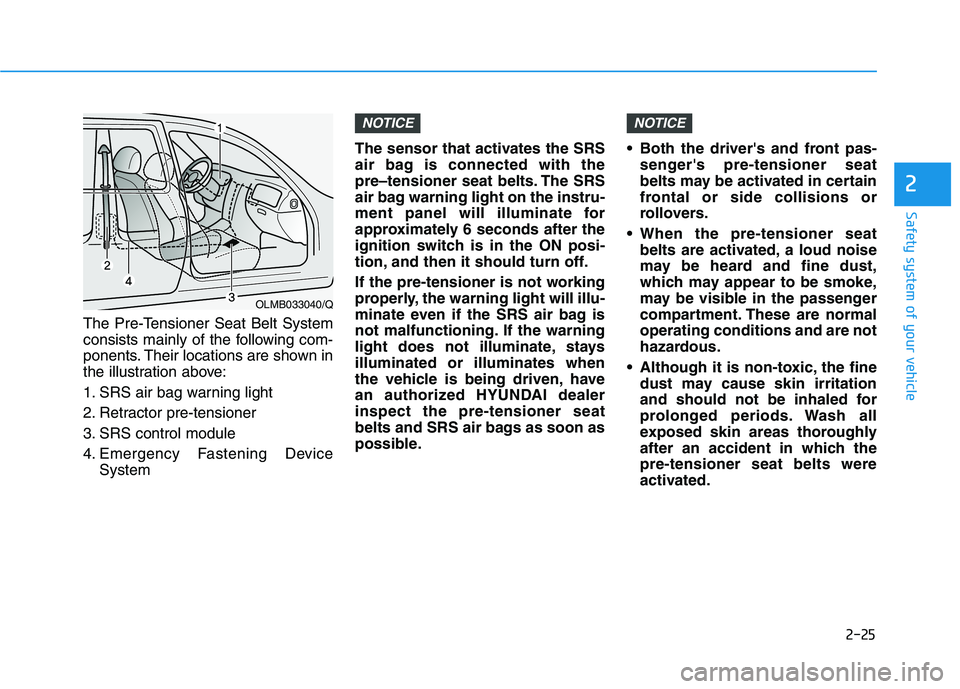 HYUNDAI VELOSTER 2021 Owners Manual 2-25
Safety system of your vehicle
2
The Pre-Tensioner Seat Belt System
consists mainly of the following com-
ponents. Their locations are shown in
the illustration above:
1. SRS air bag warning light HYUNDAI VELOSTER 2021 Owners Manual 2-25
Safety system of your vehicle
2
The Pre-Tensioner Seat Belt System
consists mainly of the following com-
ponents. Their locations are shown in
the illustration above:
1. SRS air bag warning light
