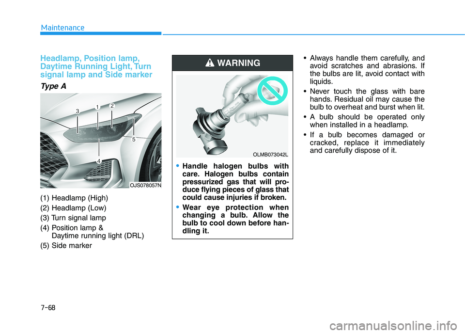 HYUNDAI VELOSTER 2021  Owners Manual 7-68
Maintenance
Headlamp, Position lamp,
Daytime Running Light, Turn
signal lamp and Side marker
Type A
(1) Headlamp (High)
(2) Headlamp (Low)
(3) Turn signal lamp
(4) Position lamp & 
Daytime runnin