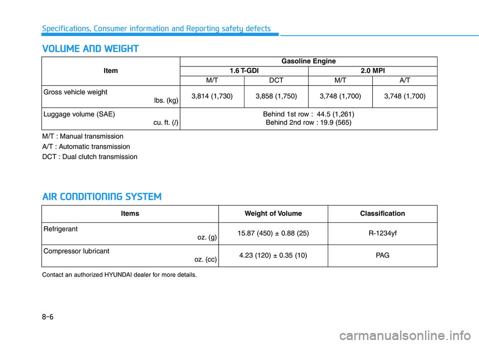 HYUNDAI VELOSTER 2021  Owners Manual 8-6
Specifications, Consumer information and Reporting safety defects
V VO
OL
LU
UM
ME
E 
 A
AN
ND
D 
 W
WE
EI
IG
GH
HT
T
A AI
IR
R 
 C
CO
ON
ND
DI
IT
TI
IO
ON
NI
IN
NG
G 
 S
SY
YS
ST
TE
EM
M
Contact 