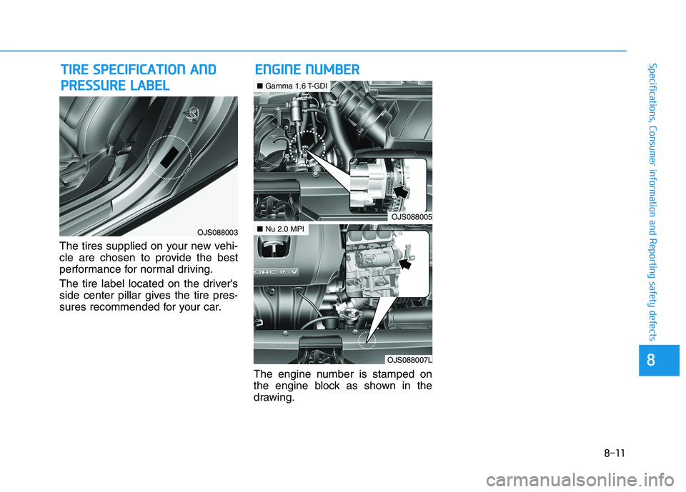 HYUNDAI VELOSTER 2021  Owners Manual 8-11
88
Specifications, Consumer information and Reporting safety defects
The tires supplied on your new vehi-
cle are chosen to provide the best
performance for normal driving.
The tire label located