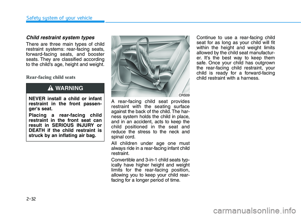 HYUNDAI VELOSTER 2021  Owners Manual 2-32
Safety system of your vehicle
Child restraint system types 
There are three main types of child
restraint systems: rear-facing seats,
forward-facing seats, and booster
seats. They are classified 