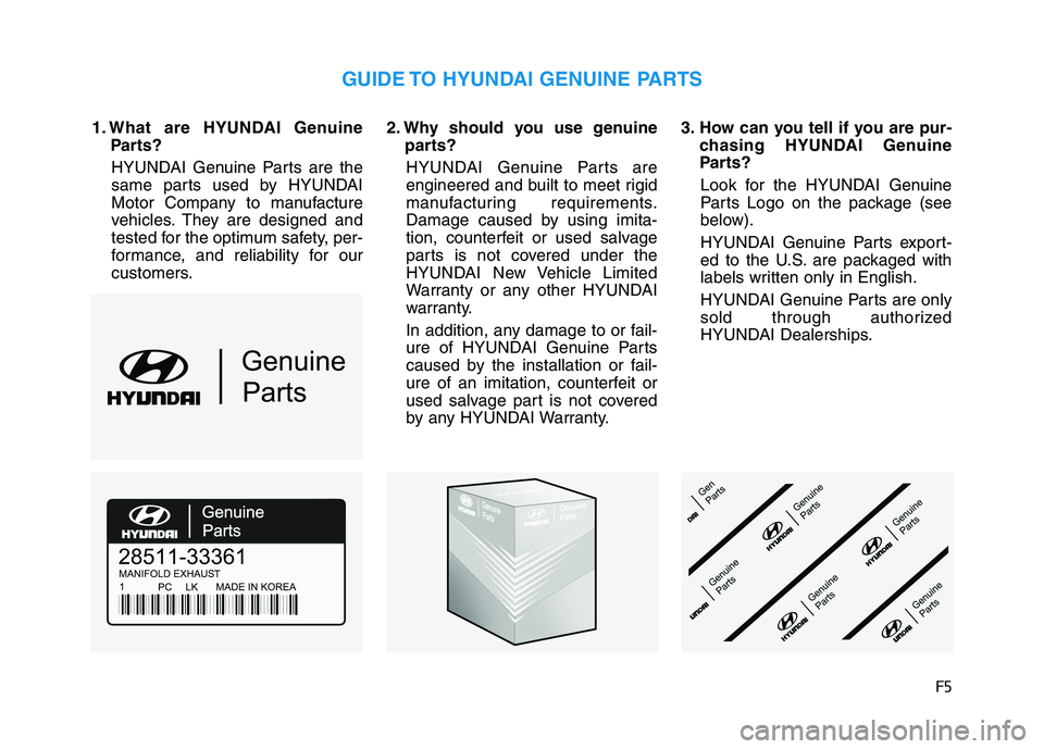HYUNDAI VELOSTER 2021 Owners Manual F5
1. What are HYUNDAI Genuine
Parts?
HYUNDAI Genuine Parts are the
same parts used by HYUNDAI
Motor Company to manufacture
vehicles. They are designed and
tested for the optimum safety, per-
formance HYUNDAI VELOSTER 2021 Owners Manual F5
1. What are HYUNDAI Genuine
Parts?
HYUNDAI Genuine Parts are the
same parts used by HYUNDAI
Motor Company to manufacture
vehicles. They are designed and
tested for the optimum safety, per-
formance