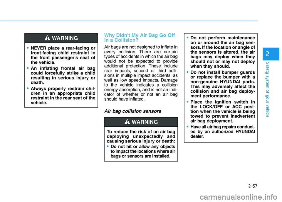 HYUNDAI VELOSTER 2021 Owners Manual 2-57
Safety system of your vehicle
2
Why Didnt My Air Bag Go Off
in a Collision?
Air bags are not designed to inflate in
every collision.There are certain
types of accidents in which the air bag
wou HYUNDAI VELOSTER 2021 Owners Manual 2-57
Safety system of your vehicle
2
Why Didnt My Air Bag Go Off
in a Collision?
Air bags are not designed to inflate in
every collision.There are certain
types of accidents in which the air bag
wou