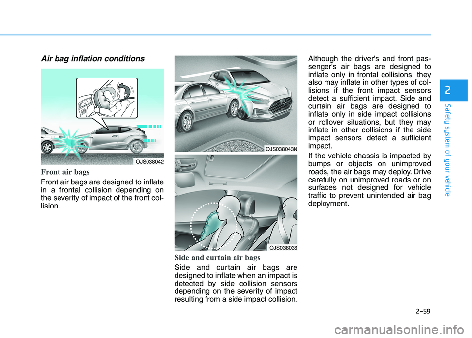HYUNDAI VELOSTER 2021 Owners Manual 2-59
Safety system of your vehicle
2
Air bag inflation conditions
Front air bags
Front air bags are designed to inflate
in a frontal collision depending on
the severity of impact of the front col-
l HYUNDAI VELOSTER 2021 Owners Manual 2-59
Safety system of your vehicle
2
Air bag inflation conditions
Front air bags
Front air bags are designed to inflate
in a frontal collision depending on
the severity of impact of the front col-
l