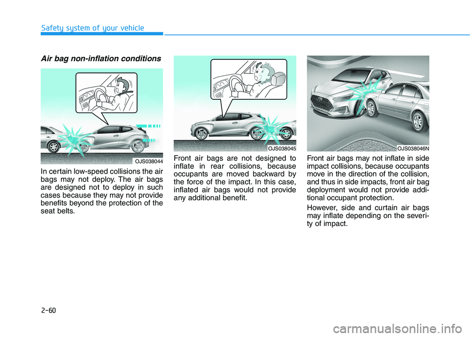 HYUNDAI VELOSTER 2021  Owners Manual 2-60
Safety system of your vehicle
Air bag non-inflation conditions 
In certain low-speed collisions the air
bags may not deploy. The air bags
are designed not to deploy in such
cases because they may