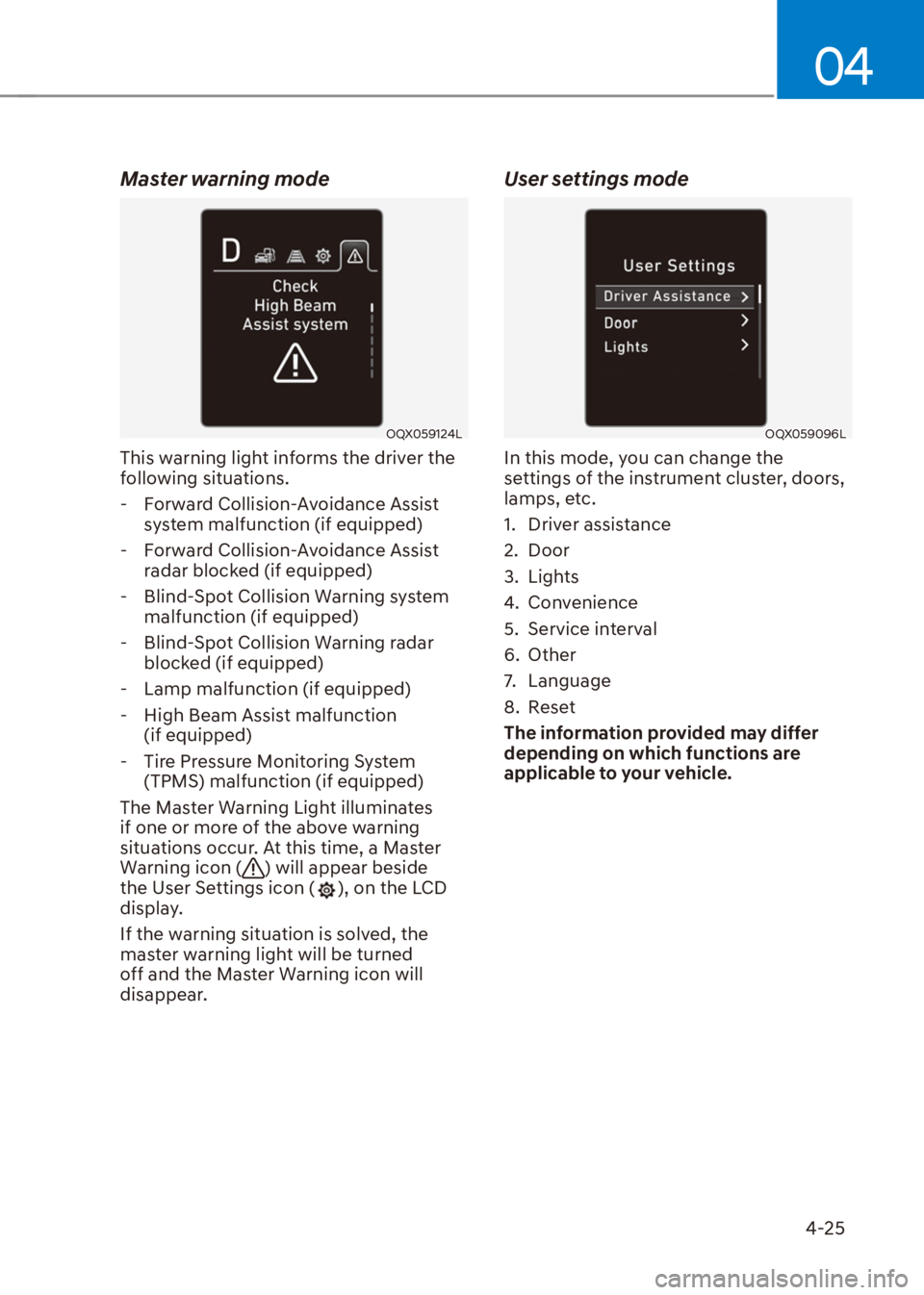 HYUNDAI VENUE 2021 Owners Manual 04
4-25
Master warning mode
OQX059124L
This warning light informs the driver the
following situations.
- Forward Collision-Avoidance Assist
system malfunction (if equipped)
- Forward Collision-A HYUNDAI VENUE 2021 Owners Manual 04
4-25
Master warning mode
OQX059124L
This warning light informs the driver the
following situations.
- Forward Collision-Avoidance Assist
system malfunction (if equipped)
- Forward Collision-A