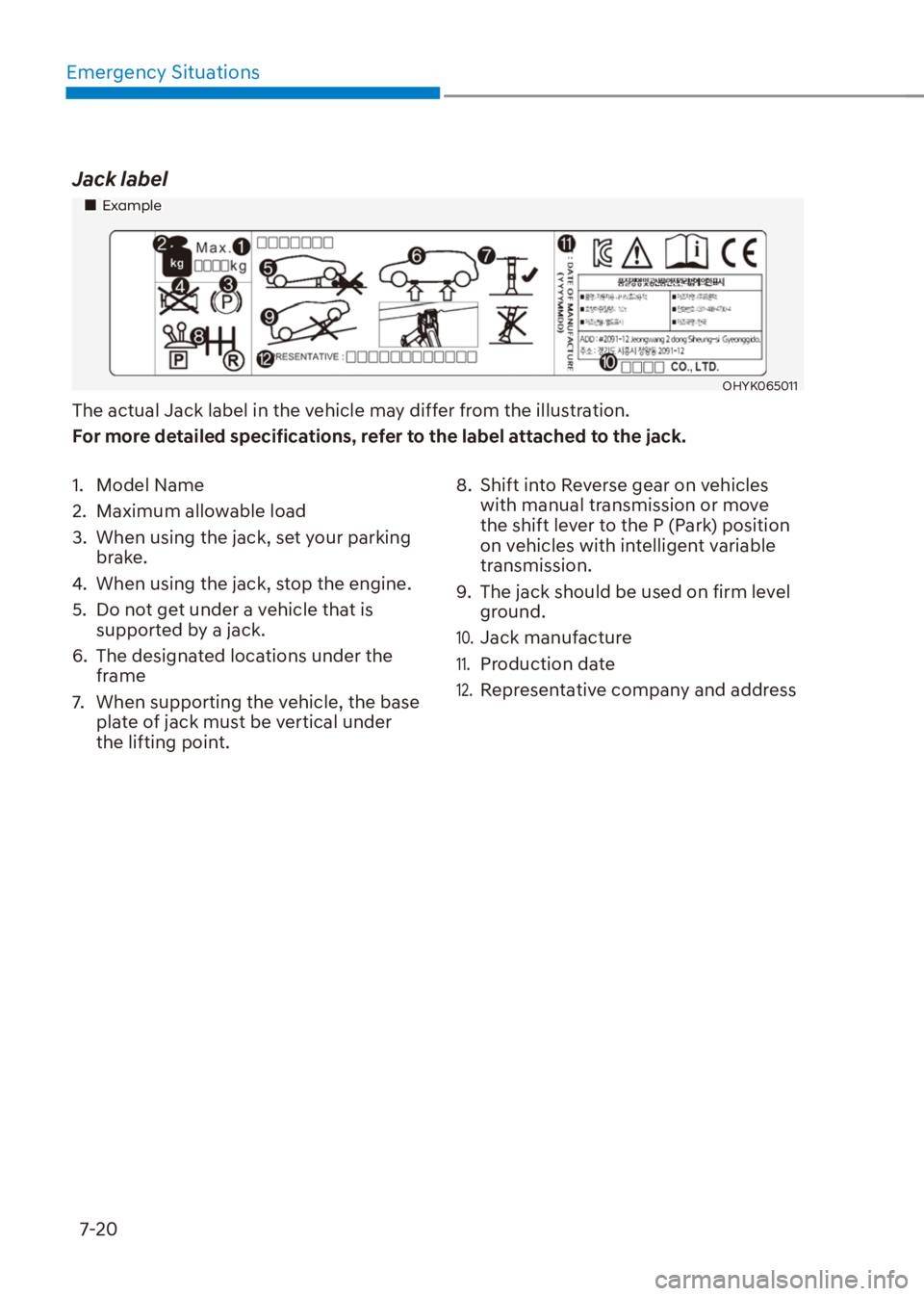 HYUNDAI VENUE 2021  Owners Manual Emergency Situations
7-20
Jack label
��„Example
OHYK065011
The actual Jack label in the vehicle may differ from the illustration.
For more detailed specifications, refer to the label attached to th