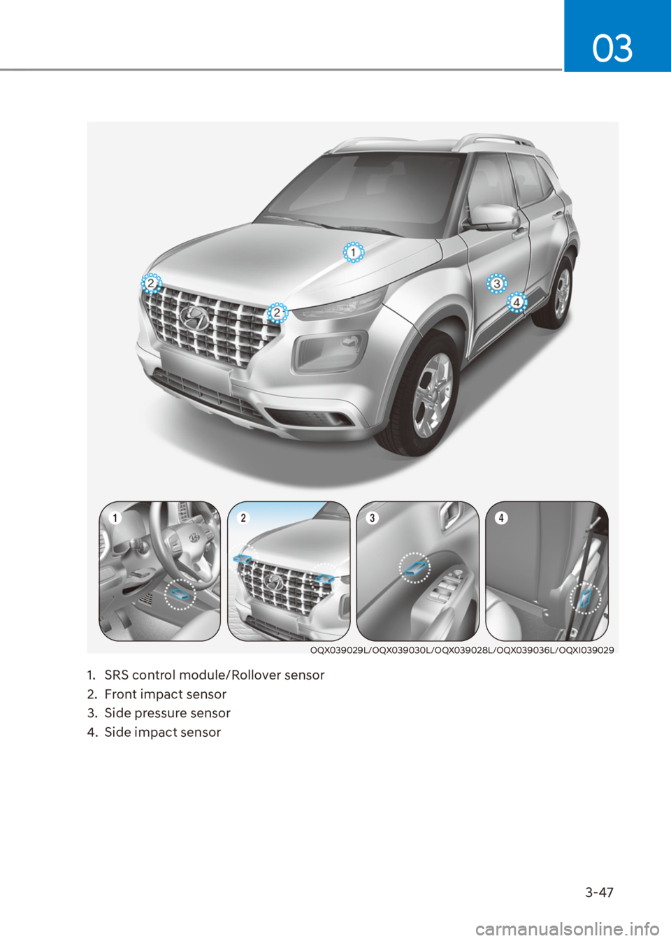 HYUNDAI VENUE 2021  Owners Manual 3-47
03
OQX039029L/OQX039030L/OQX039028L/OQX039036L/OQXI039029
1.  SRS control module/Rollover sensor
2.  Front impact sensor
3.  Side pressure sensor
4.  Side impact sensor 