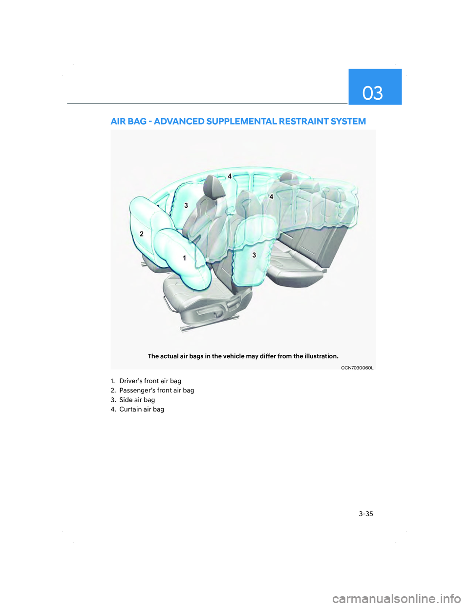 HYUNDAI ELANTRA 2022  Owners Manual 3-35
03
AIR BAG - ADVANCED SUPPLEMENTAL RESTRAINT SYSTEM
The actual air bags in the vehicle may differ from the illustration.
OCN7030060LOCN7030060L
1.  Driver’s front air bag
2.  Passenger’s fron
