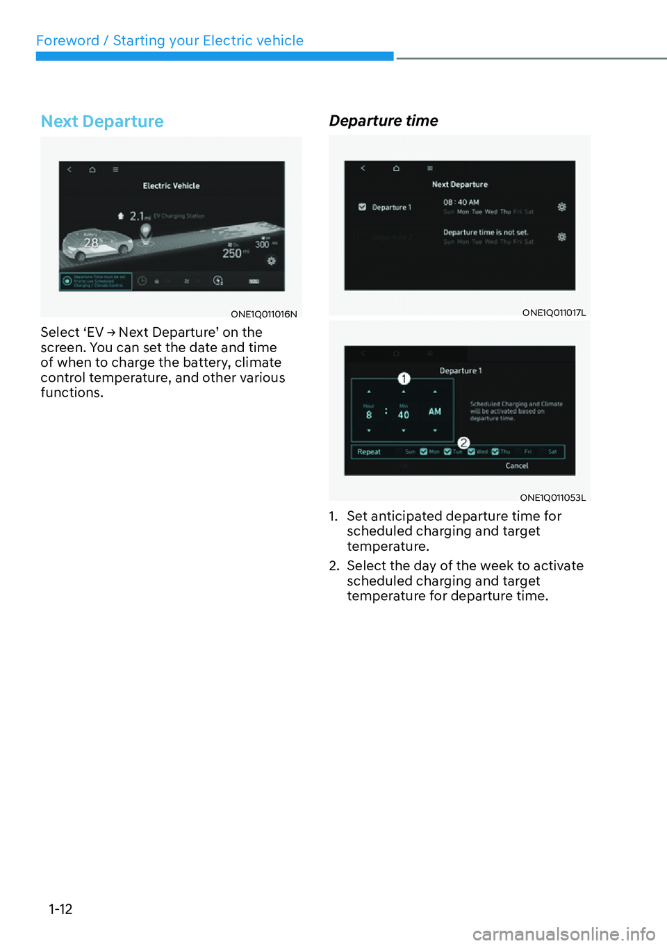 HYUNDAI IONIQ 5 2022  Owners Manual Foreword / Starting your Electric vehicle
1-12
Next Departure
ONE1Q011016N
�6�H�O�H�F�W�S�(�9�