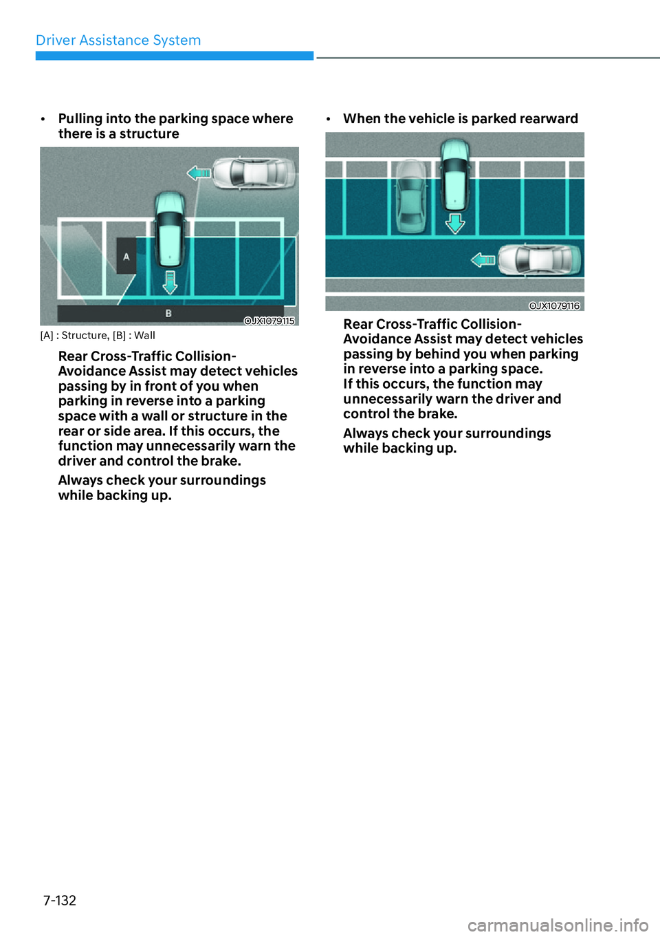 HYUNDAI IONIQ 5 2022  Owners Manual Driver Assistance System
7-132
[�Pulling into the parking space where 
there is a structure 
OJX1079115[A] : Structure, [B] : Wall
Rear Cross-Traffic Collision-
Avoidance Assist may detect vehicles 