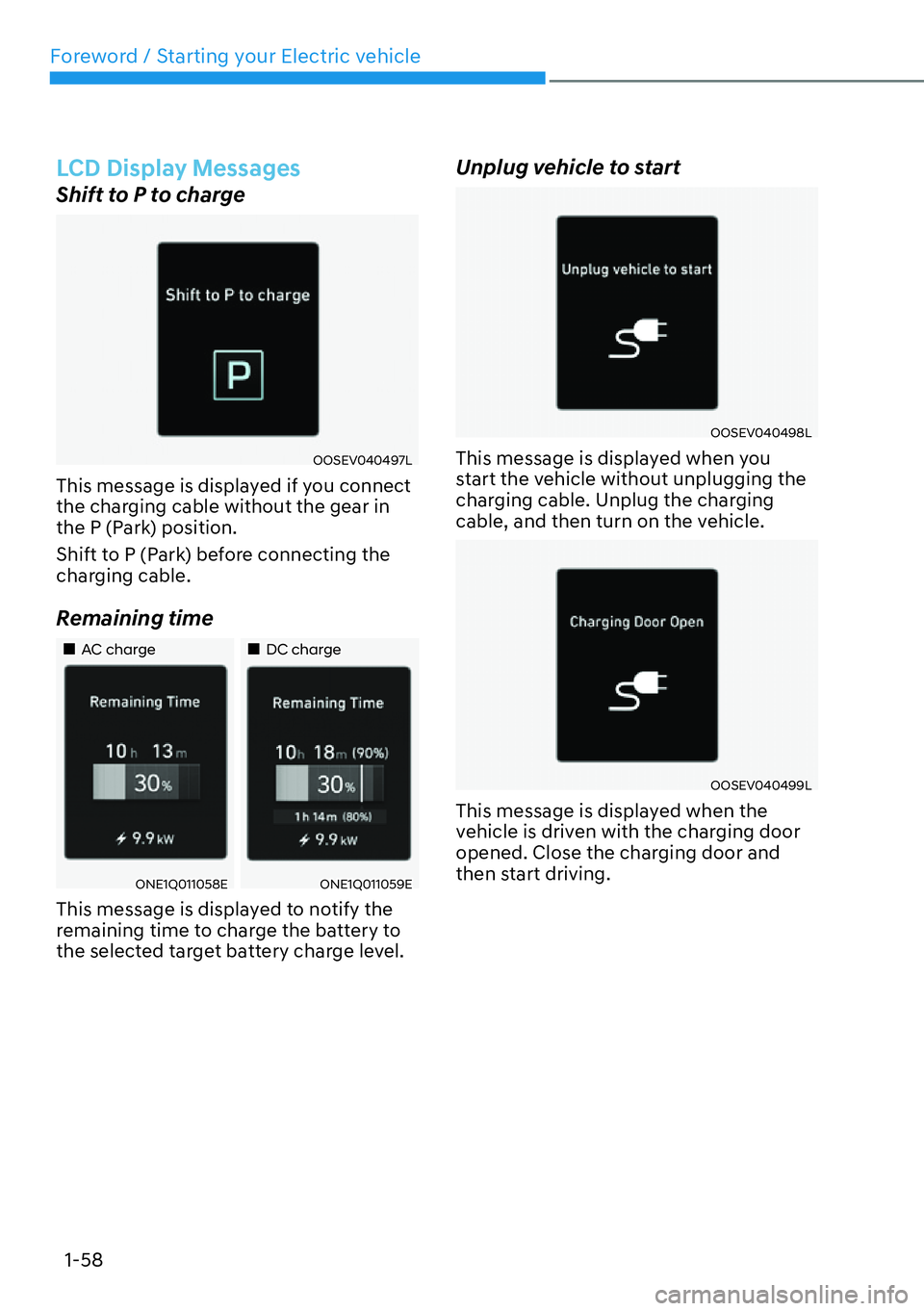HYUNDAI IONIQ 5 2022  Owners Manual Foreword / Starting your Electric vehicle
1-58
LCD Display Messages
Shift to P to charge
OOSEV040497L
This message is displayed if you connect 
the charging cable without the gear in 
the P (Park) pos
