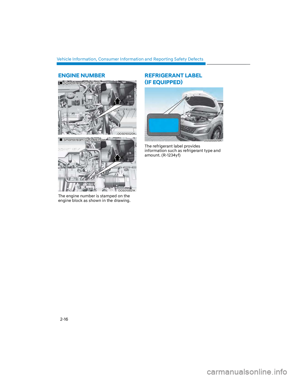 HYUNDAI KONA 2022  Owners Manual Vehicle Information, Consumer Information and Reporting Safety Defects
2-16
ENGINE NUMBER
Smartstream G1.6 T-GDi
OOS010020K
Smartstream G2.0 Atkinson
OOS010021K
The engine number is stamped on the 
en