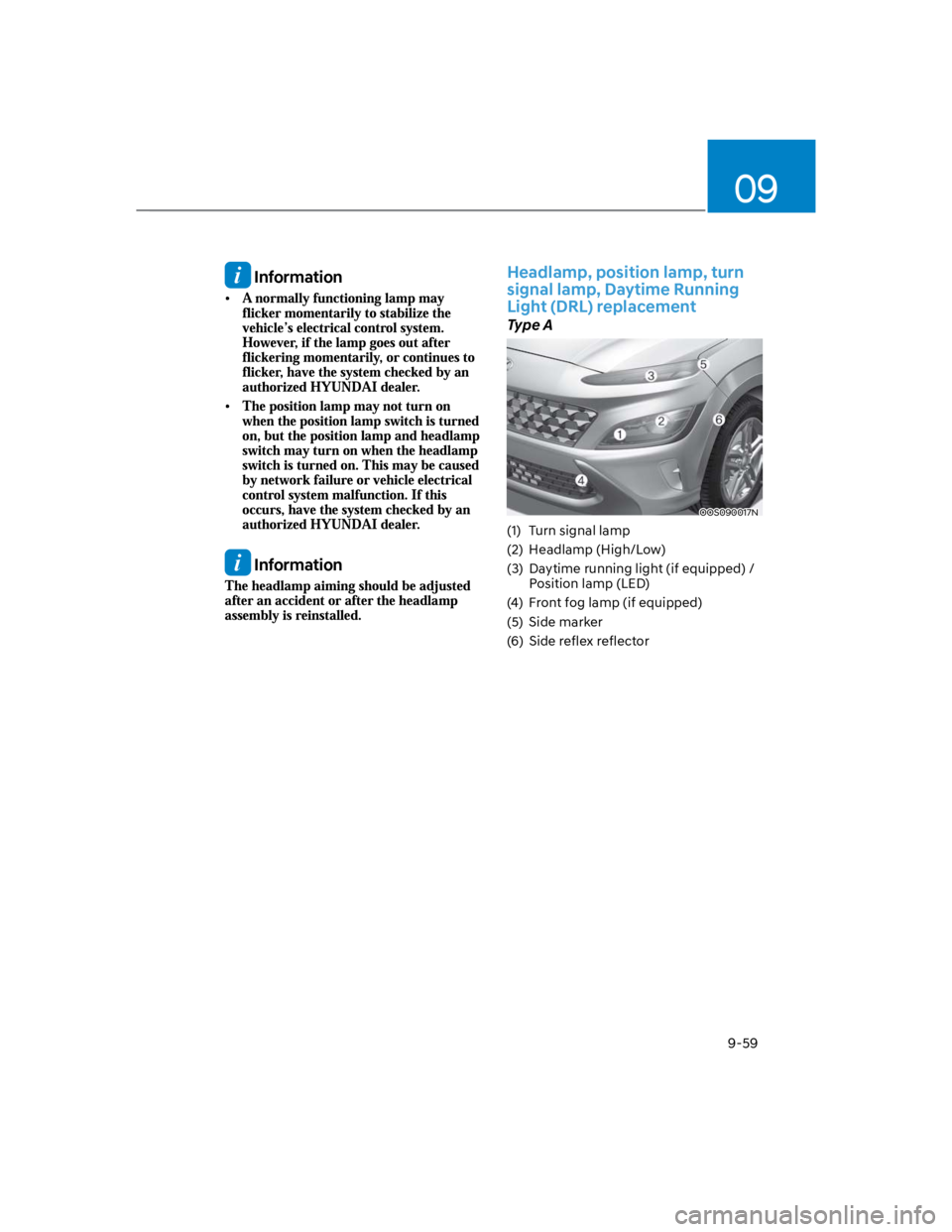 HYUNDAI KONA 2022  Owners Manual 09
9-59
 Information
 Information
Headlamp, position lamp, turn 
signal lamp, Daytime Running 
Light (DRL) replacement
Type A
OOS090017N
(1)  Turn signal lamp
(2)  Headlamp (High/Low)
(3)  Daytime run