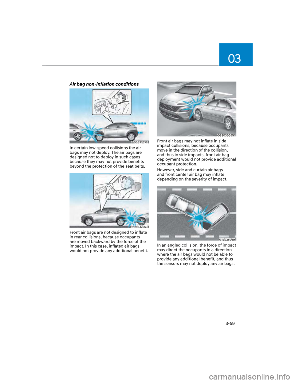HYUNDAI KONA 2022  Owners Manual 03
3-59
Air bag non-inflation conditions
OOS037052
In certain low-speed collisions the air 
bags may not deploy. The air bags are 
designed not to deploy in such cases 
because they may not provide be