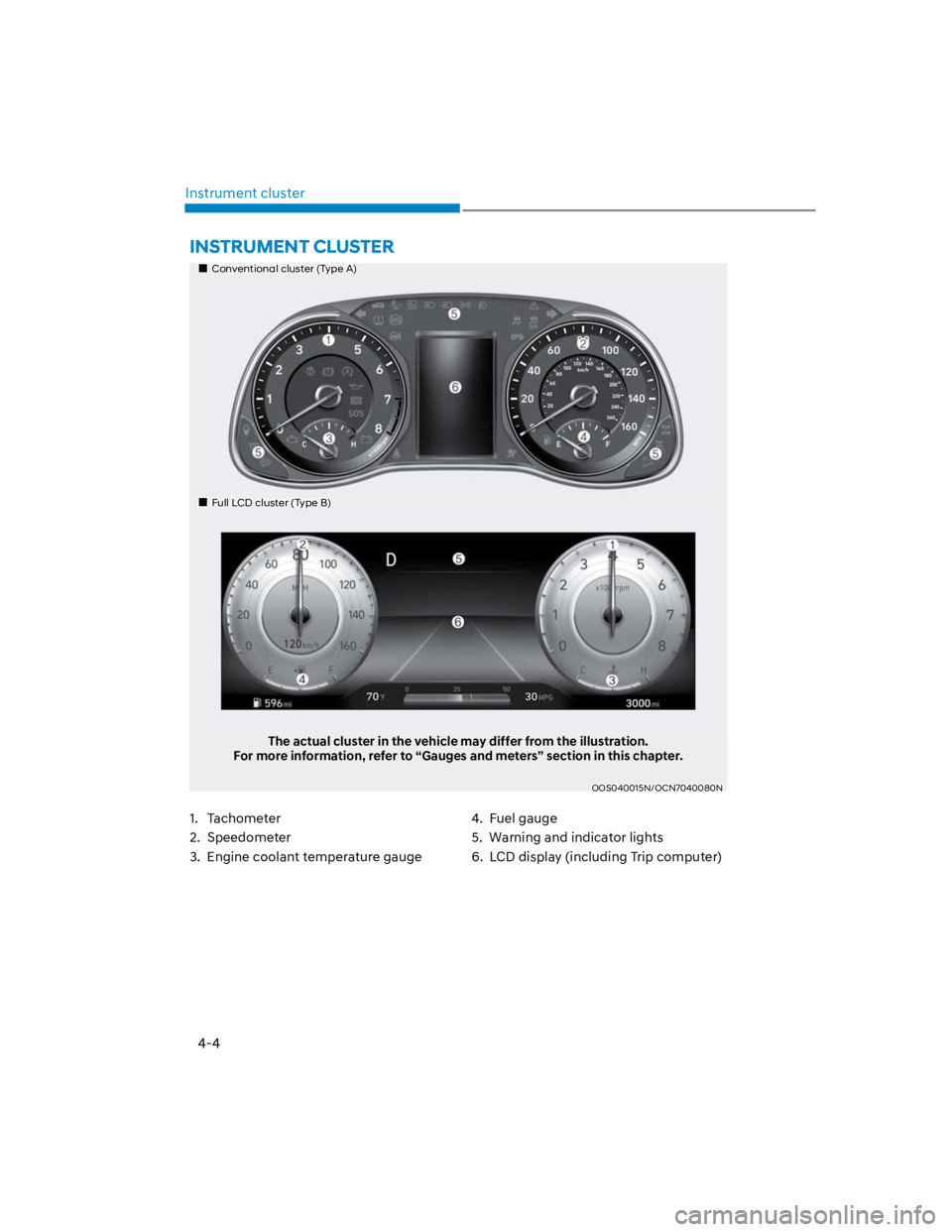 HYUNDAI KONA 2022  Owners Manual 4-4
Instrument cluster
Conventional cluster (Type A)
Full LCD cluster (Type B)
The actual cluster in the vehicle may differ from the illustration.
For more information, refer to “Gauges and meters