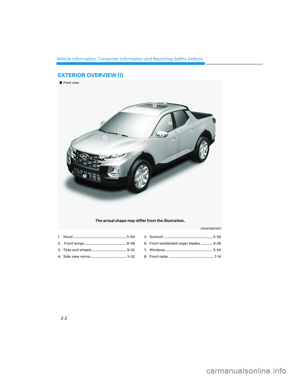 HYUNDAI SANTA CRUZ 2022  Owners Manual 2-2
Vehicle Information, Consumer Information and Reporting Safety Defects
�(�;�7�(�5�,�2�5��2�9�(�5�9�,�(�:�