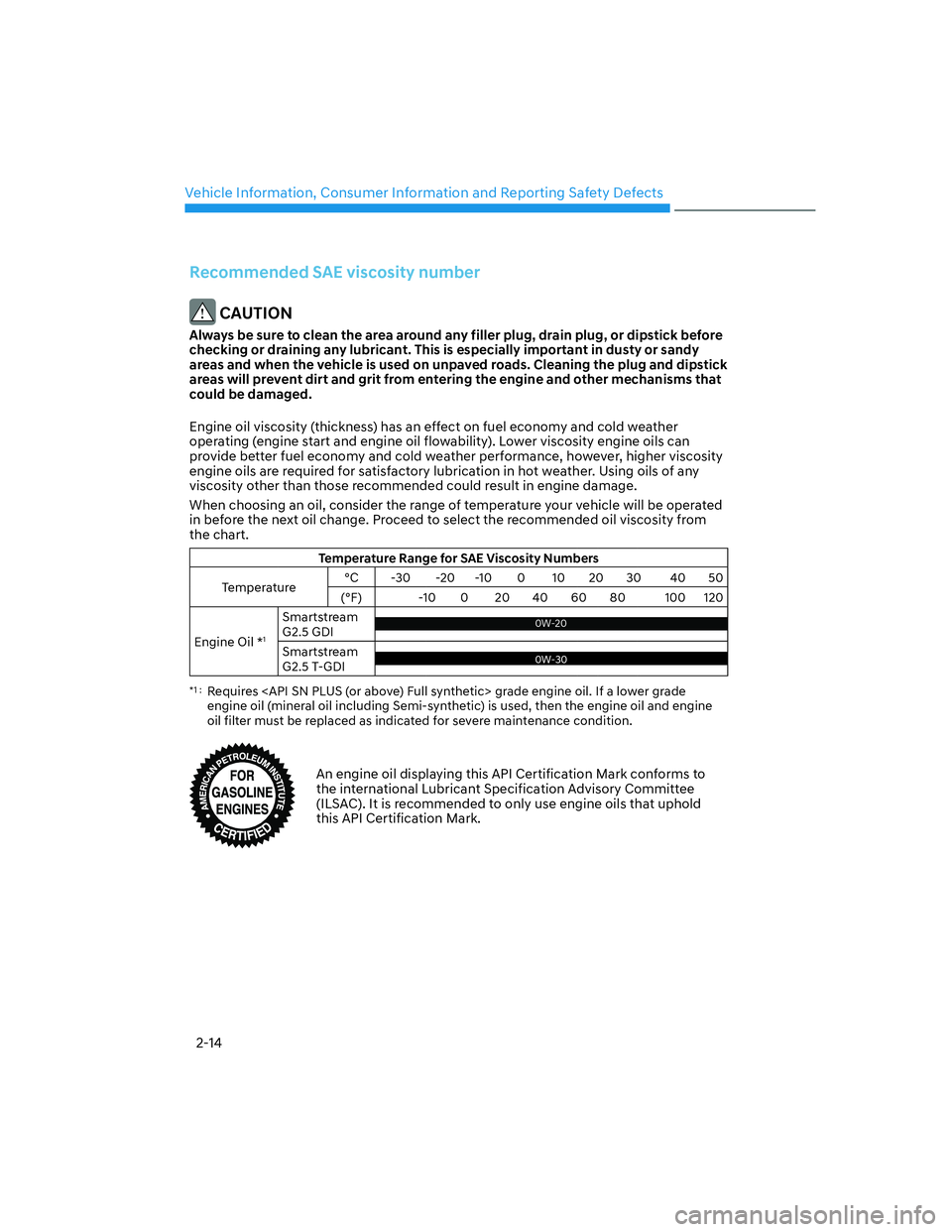HYUNDAI SANTA FE 2022  Owners Manual Vehicle Information, Consumer Information and Reporting Safety Defects
2-14
Recommended SAE viscosity number
 CAUTION
Always be sure to clean the area around any filler plug, drain plug, or dipstick b