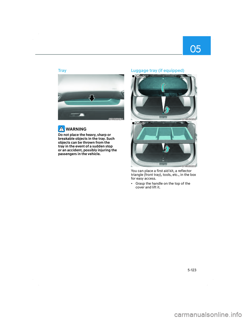 HYUNDAI SANTA FE 2022  Owners Manual 05
5-123
Tray
OTM050034OTM050034
 WARNING
Do not place the heavy, sharp or 
breakable objects in the tray. Such 
objects can be thrown from the 
tray in the event of a sudden stop 
or an accident, pos