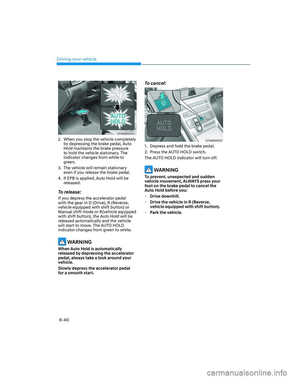 HYUNDAI SANTA FE 2022  Owners Manual Driving your vehicle
6-40
OTM060057L
2.  When you stop the vehicle completely 
by depressing the brake pedal, Auto 
Hold maintains the brake pressure 
to hold the vehicle stationary. The 
indicator ch