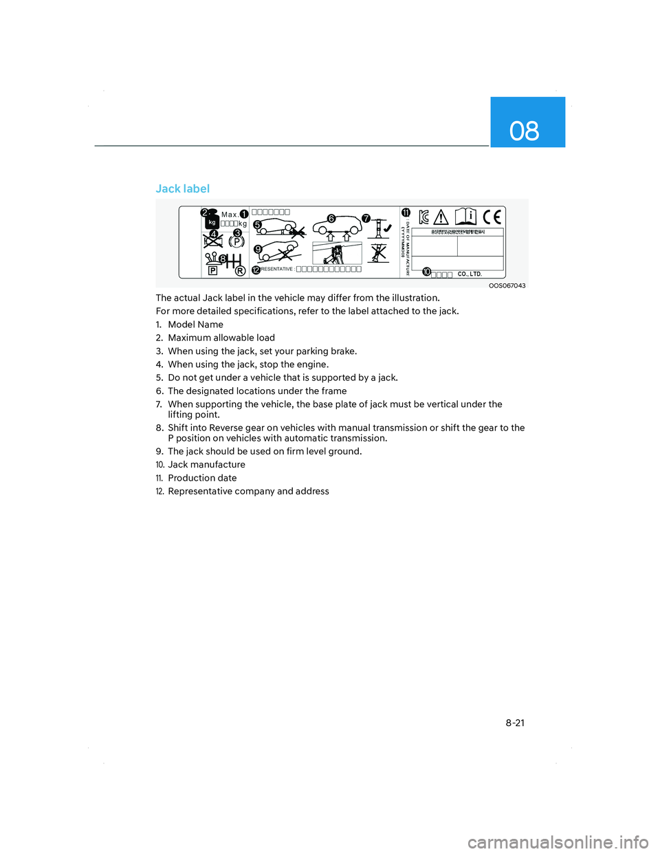 HYUNDAI SANTA FE 2022  Owners Manual 08
8-21
Jack label
OOS067043OOS067043
The actual Jack label in the vehicle may differ from the illustration.
For more detailed specifications, refer to the label attached to the jack.
1. Model Name
2.