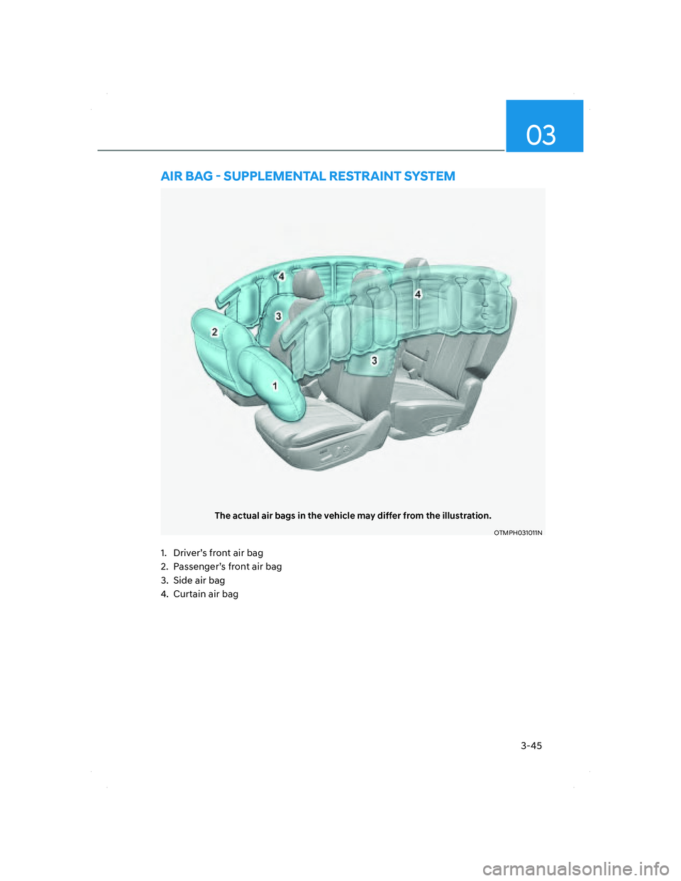 HYUNDAI SANTA FE 2022  Owners Manual 3-45
03
The actual air bags in the vehicle may differ from the illustration.
OTMPH031011NOTMPH031011N
AIR BAG - SUPPLEMENTAL RESTRAINT SYSTEM
1.  Driver’s front air bag
2.  Passenger’s front air b