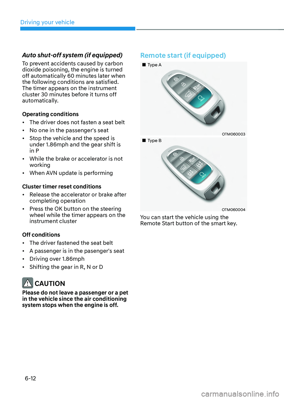 HYUNDAI TUCSON 2022  Owners Manual Driving your vehicle
6-12
Auto shut-off system (if equipped)
To prevent accidents caused by carbon 
dioxide poisoning, the engine is turned 
off automatically 60 minutes later when 
the following cond