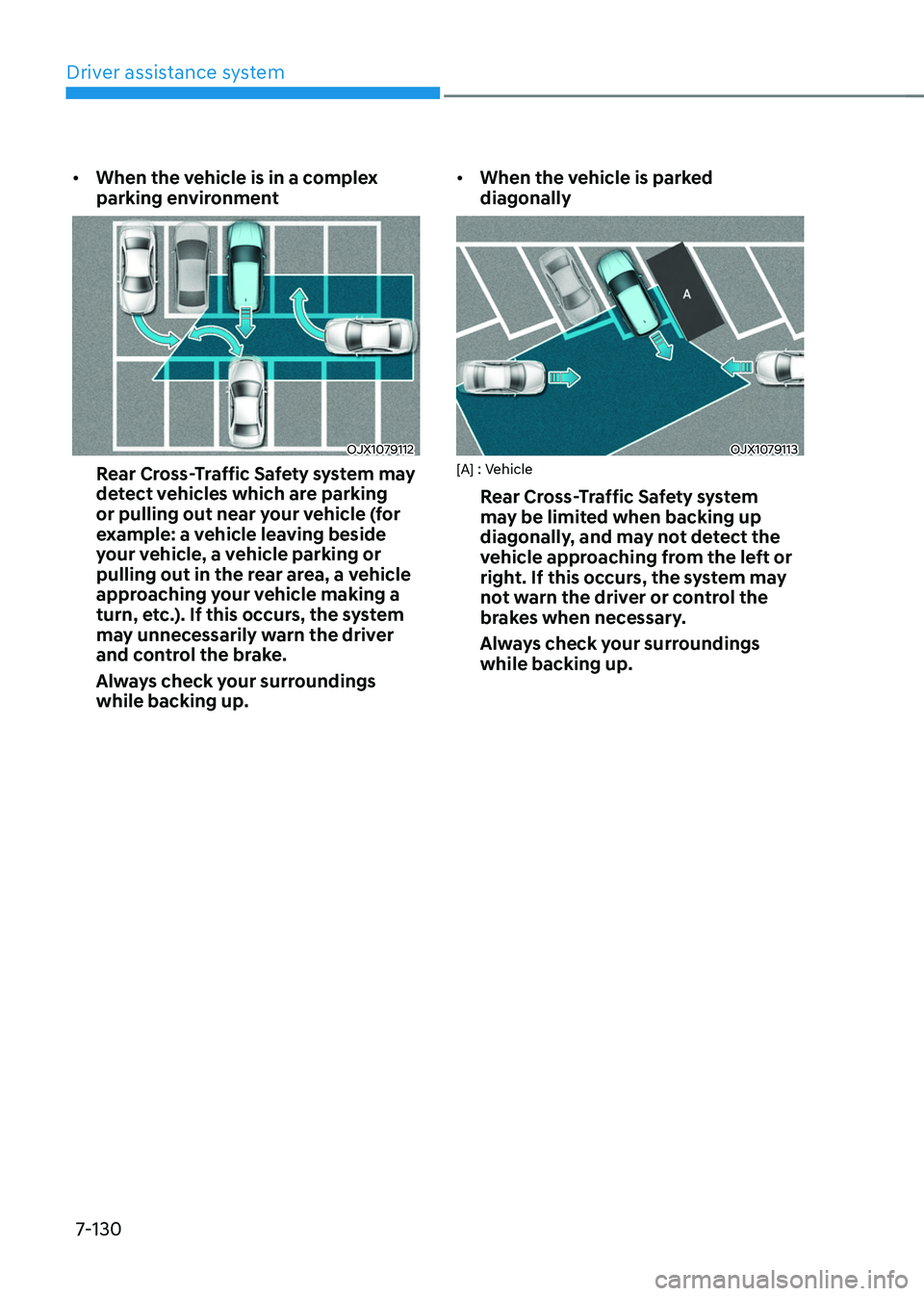 HYUNDAI TUCSON 2022  Owners Manual Driver assistance system
7-130
•	When the vehicle is in a complex 
parking environment
OJX1079112
Rear Cross-Traffic Safety system may 
detect vehicles which are parking 
or pulling out near your ve