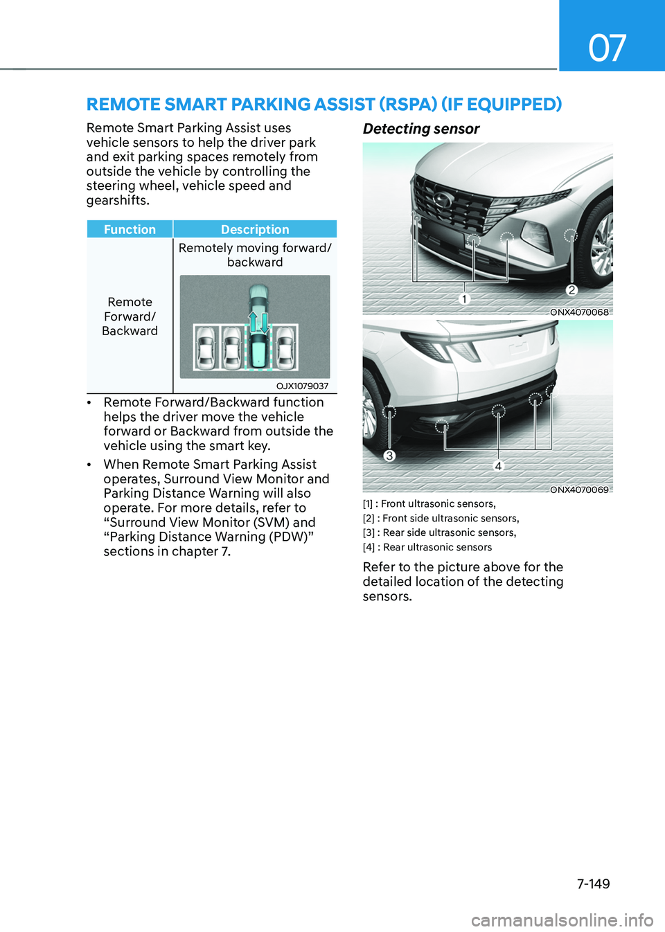 HYUNDAI TUCSON 2022  Owners Manual 07
7-149
REMOTE SMART PARKING ASSIST (RSPA) (IF EQUIPPED)
Remote Smart Parking Assist uses 
vehicle sensors to help the driver park 
and exit parking spaces remotely from 
outside the vehicle by contr