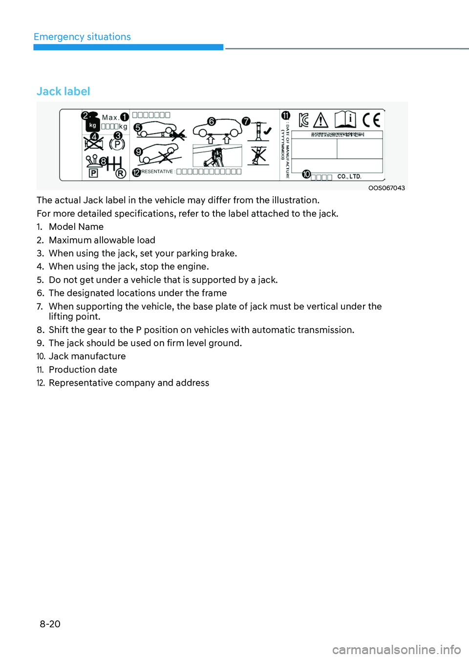 HYUNDAI TUCSON 2022  Owners Manual Emergency situations
8-20
Jack label
OOS067043
The actual Jack label in the vehicle may differ from the illustration.
For more detailed specifications, refer to the label attached to the jack.
1. Mode