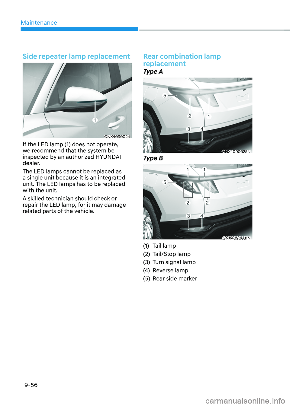 HYUNDAI TUCSON 2022  Owners Manual Maintenance
9-56
Side repeater lamp replacement
ONX4090024
If the LED lamp (1) does not operate, 
we recommend that the system be 
inspected by an authorized HYUNDAI 
dealer.
The LED lamps cannot be r