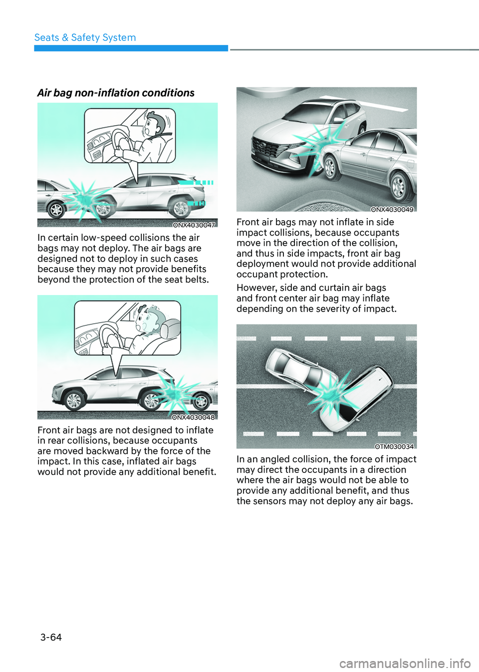 HYUNDAI TUCSON 2022  Owners Manual Seats & Safety System
3-64
Air bag non-inflation conditions
ONX4030047
In certain low-speed collisions the air 
bags may not deploy. The air bags are 
designed not to deploy in such cases 
because the