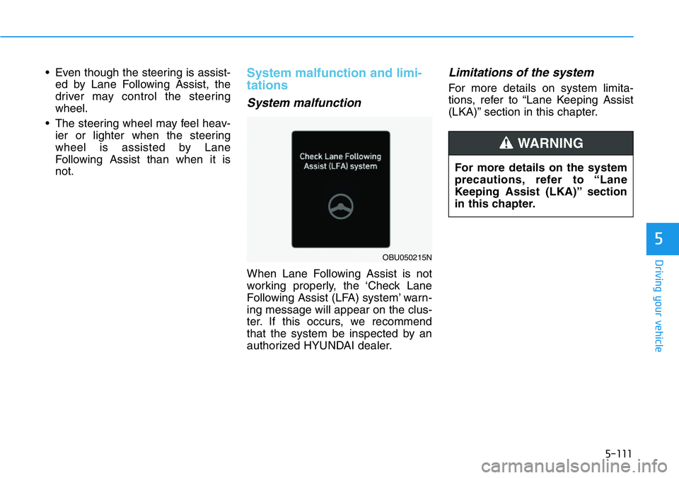 HYUNDAI VELOSTER N 2022  Owners Manual 5-111
Driving your vehicle
5
• Even though the steering is assist-
ed by Lane Following Assist, the
driver may control the steering
wheel.
• The steering wheel may feel heav-
ier or lighter when t