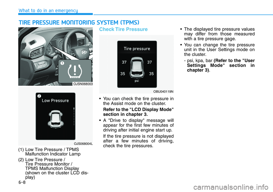 HYUNDAI VELOSTER N 2022  Owners Manual 6-8
What to do in an emergency
TIRE PRESSURE MONITORING SYSTEM (TPMS)
(1) Low Tire Pressure / TPMS
Malfunction Indicator Lamp
(2) Low Tire Pressure / 
Tire Pressure Monitor / 
TPMS Malfunction Display