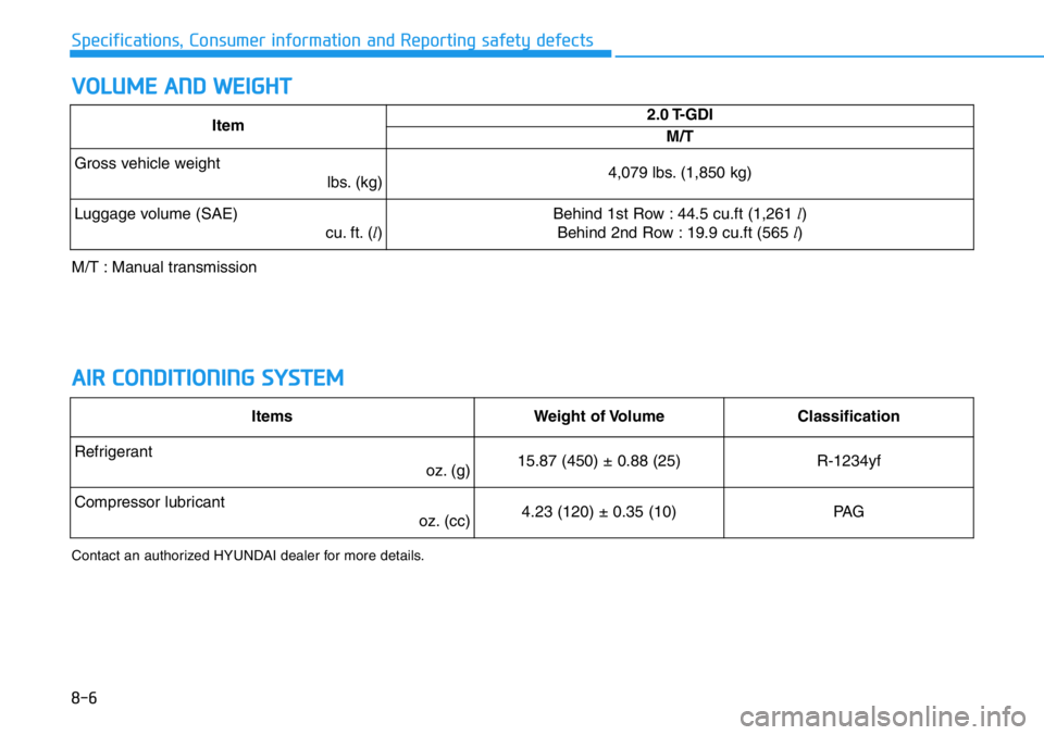 HYUNDAI VELOSTER N 2022  Owners Manual 8-6
Specifications, Consumer information and Reporting safety defects
VOLUME AND WEIGHT
AIR CONDITIONING SYSTEM
Contact an authorized HYUNDAI dealer for more details.
Item2.0 T-GDI
M/T
Gross vehicle w