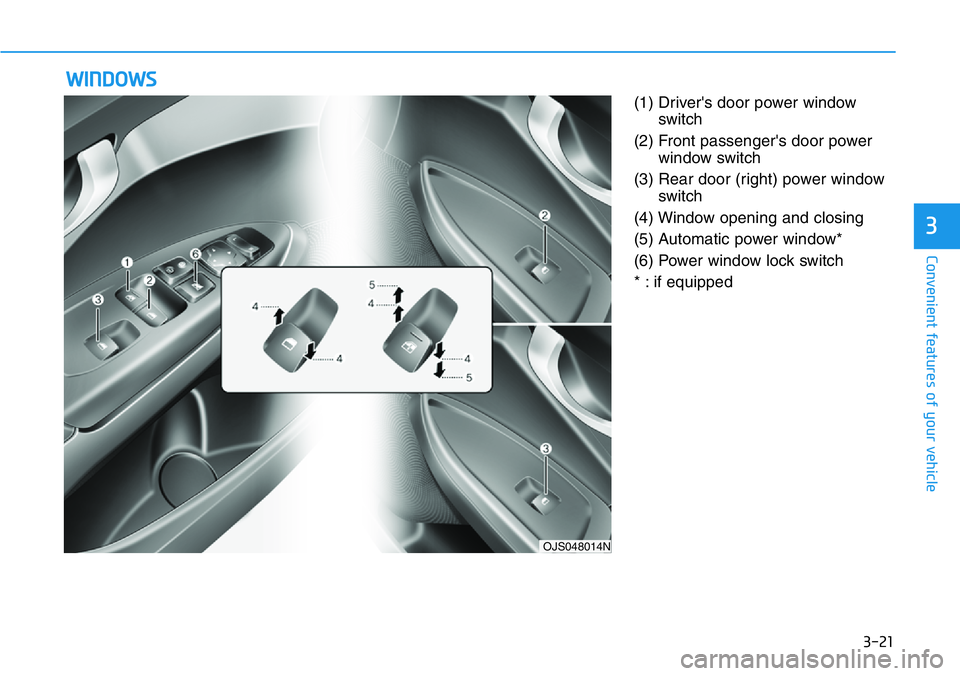 HYUNDAI VELOSTER N 2022  Owners Manual 3-21
Convenient features of your vehicle
3
(1) Driver's door power window
switch
(2) Front passenger's door power
window switch
(3) Rear door (right) power window
switch
(4) Window opening and