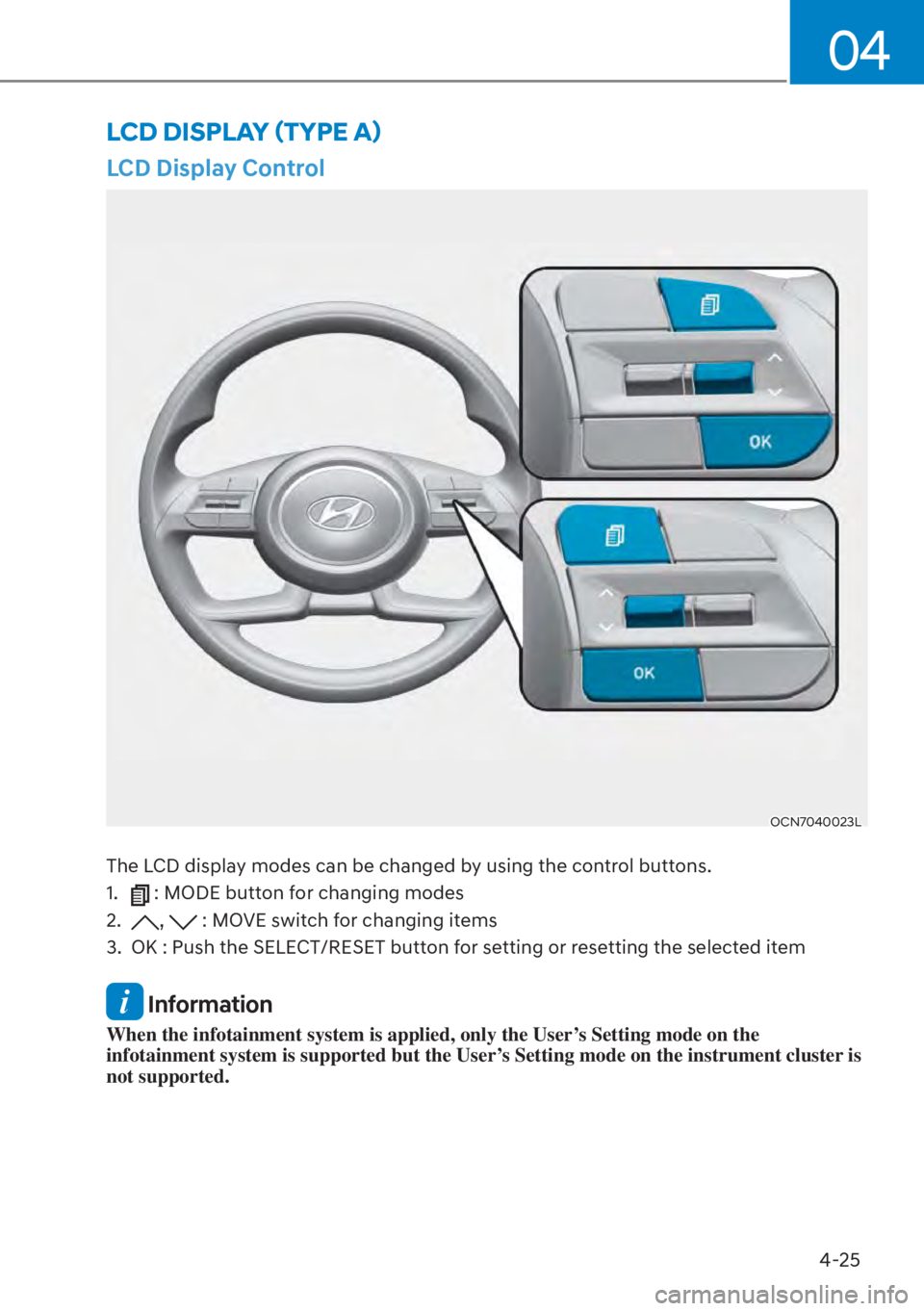HYUNDAI ELANTRA 2023  Owners Manual 4-25
04
LCD Display Control
OCN7040023L
The LCD display modes can be changed by using the control buttons.
1. 
 : MODE button for changing modes
2. 
,  : MOVE switch for changing items
3.  OK : Push t