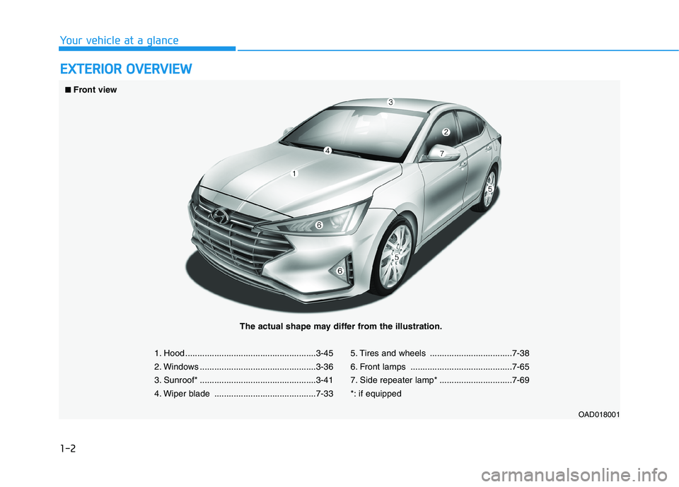 HYUNDAI ELANTRA SPORT 2018  Owners Manual 1-2
EEXX TTEERR IIOO RR  OO VVEERR VV IIEE WW
Your vehicle at a glance
1. Hood ......................................................3-45 
2. Windows ................................................3-