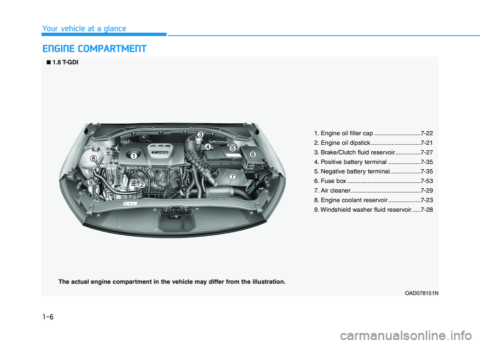 HYUNDAI ELANTRA SPORT 2018  Owners Manual 1-6
Your vehicle at a glanceE
E NN GGIINN EE  CC OO MM PPAA RRTTMM EENN TT
OAD078151N
1. Engine oil filler cap ...........................7-22 
2. Engine oil dipstick .............................7-21
