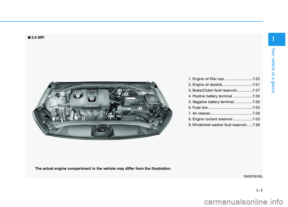 HYUNDAI ELANTRA SPORT 2018  Owners Manual 1-7
Your vehicle at a glance
1
OAD078100L
1. Engine oil filler cap ...........................7-22 
2. Engine oil dipstick .............................7-21
3. Brake/Clutch fluid reservoir............