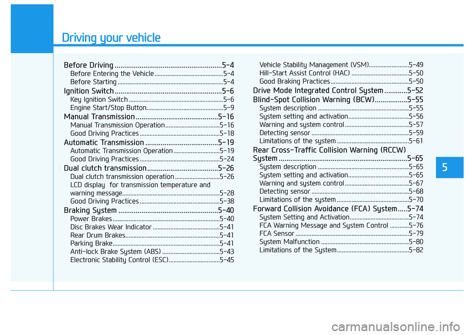 HYUNDAI ELANTRA SPORT 2018  Owners Manual Driving your vehicle
5
Before Driving ........................................................5-4Before Entering the Vehicle ...........................................5-4 
Before Starting ...........